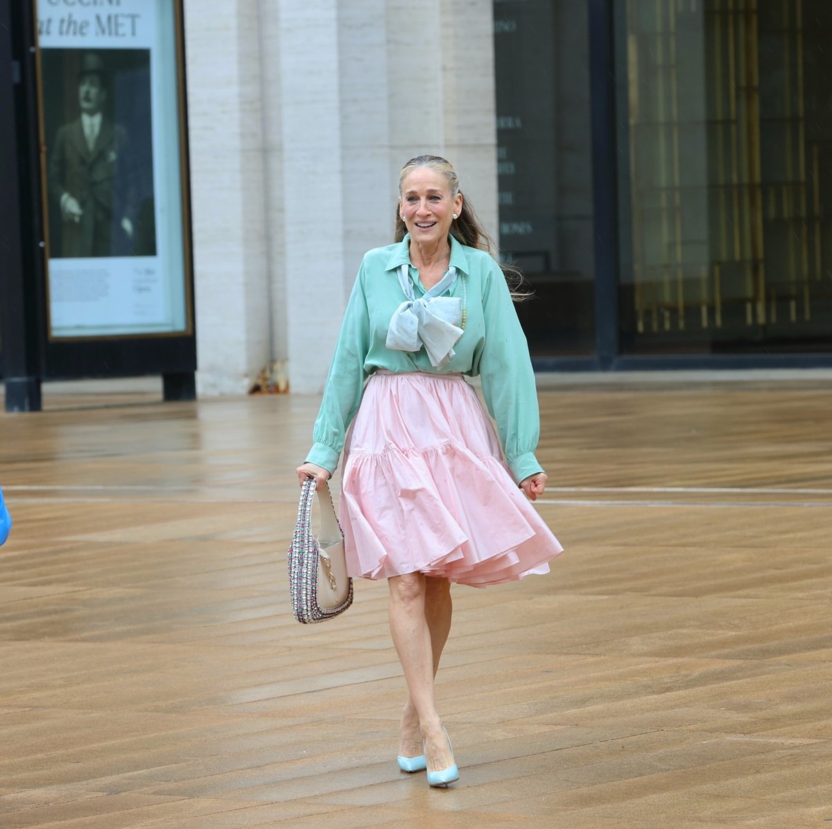 Sarah Jessica Parker is seen on the set of "And Just Like That" at Lincoln Center Plaza on May 10, 2024 in New York City