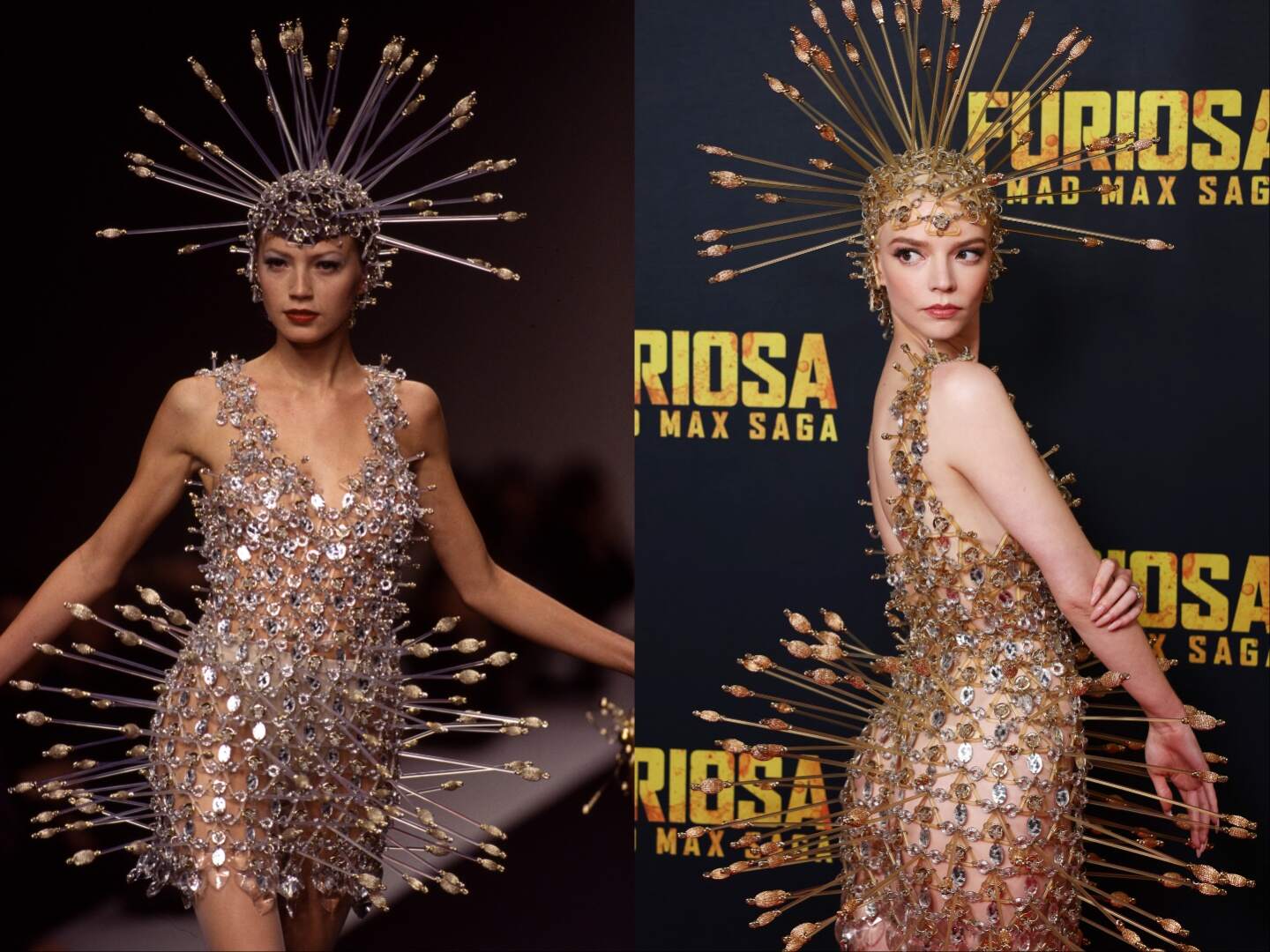 A photo of a model wearing a dress with arrows all over it alongside a photo of Anya Taylor-Joy wearing the same dress in 2024