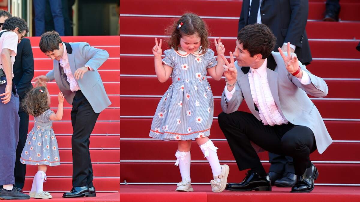Actors Barry Keoghan and Jackie Mellor hold up peace signs for the cameras at the 77th edition of the Cannes Film Festival