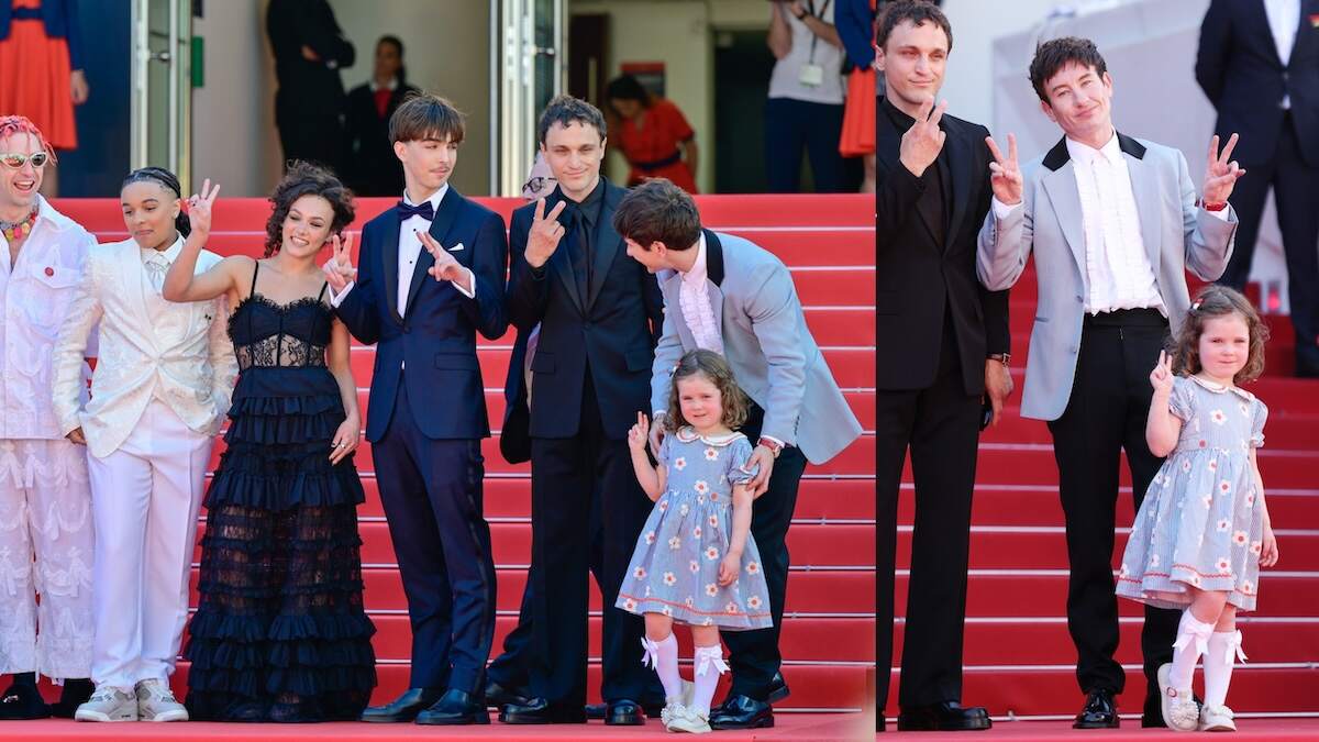 Actors Barry Keoghan and Jackie Mellor hold up peace signs for the cameras at the 77th edition of the Cannes Film Festival