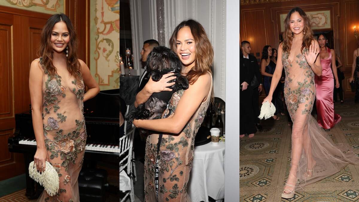 Model Chrissy Teigen socializes during cocktail hour at the 2024 Ace Awards in a sheer gown