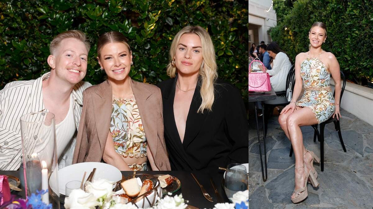 Vanderpump Rules star Ariana Madix smiles at her Ariana Madix x DSW Collection Dinner while wearing a tropical matching two-piece set