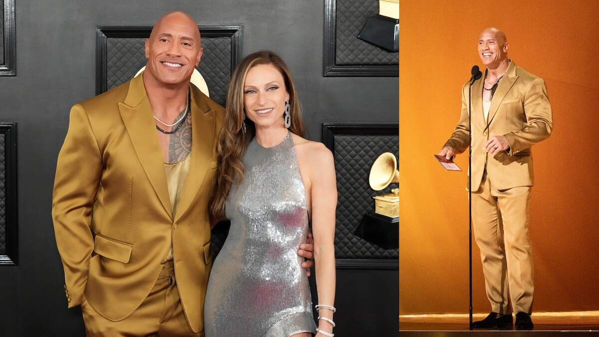 Wearing a gold suit, Dwayne Johnson walks the red carpet at the Grammys
