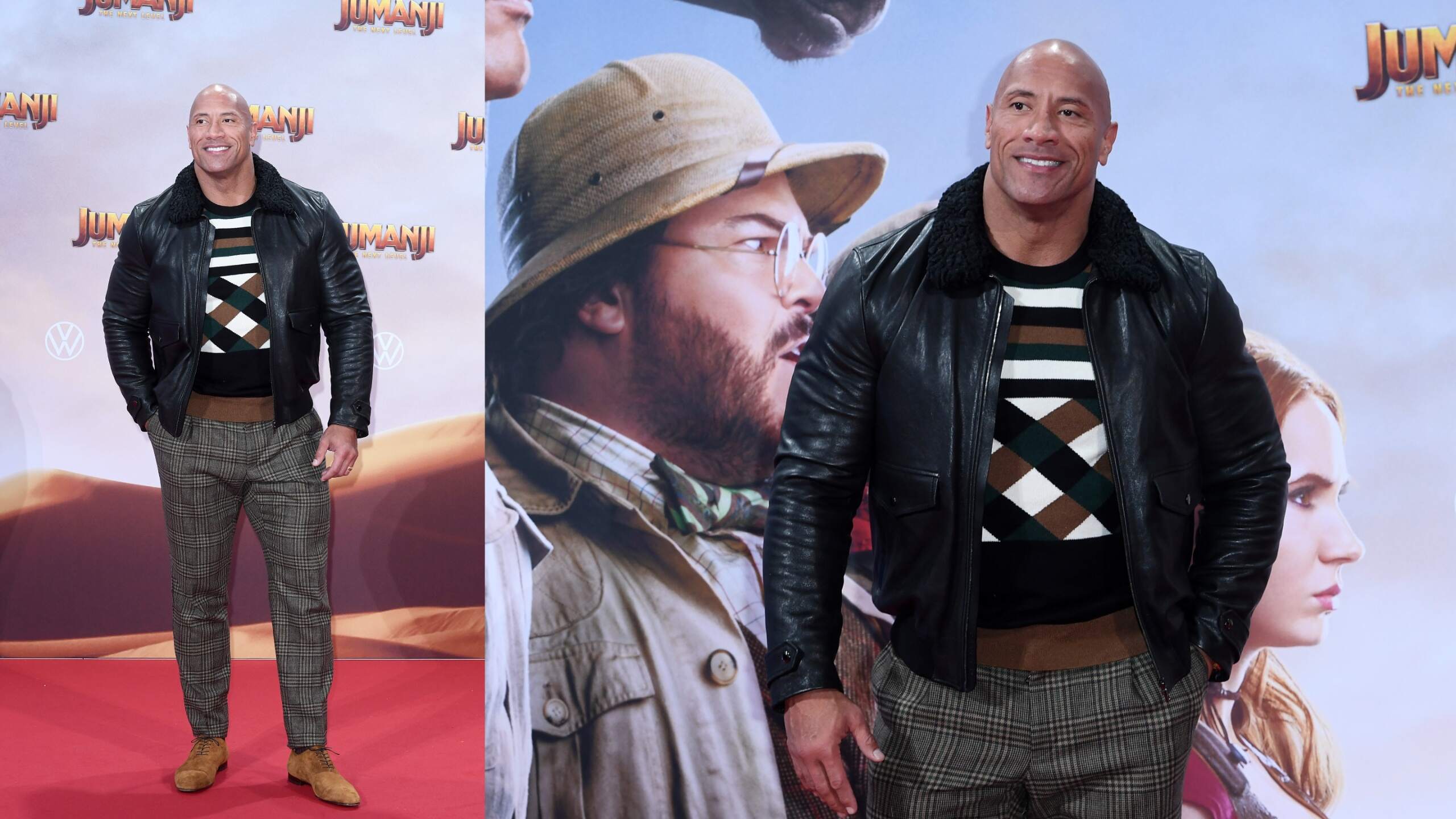 Wearing a black leather jacket, Dwayne Johnson walks the red carpet at the Jumanji premiere