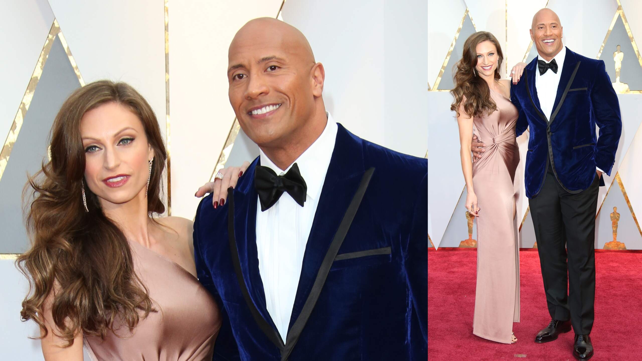 Wearing a blue velvet jacket, Dwayne Johnson walks the red carpet at the Academy Awards
