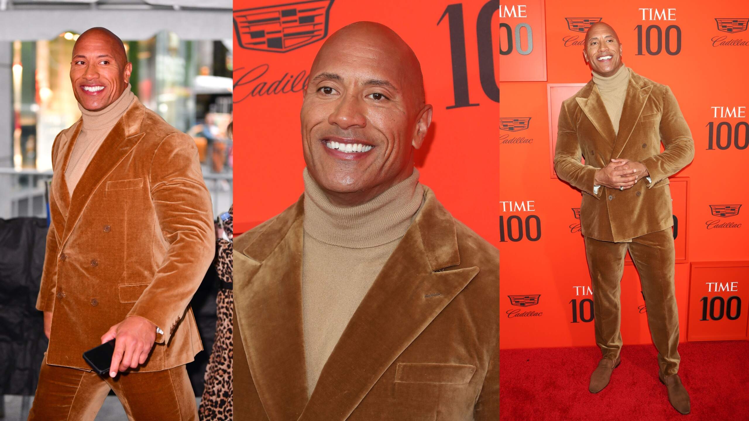 Wearing a copper velvet suit, Dwayne Johnson walks the red carpet at the Time 100 ceremony