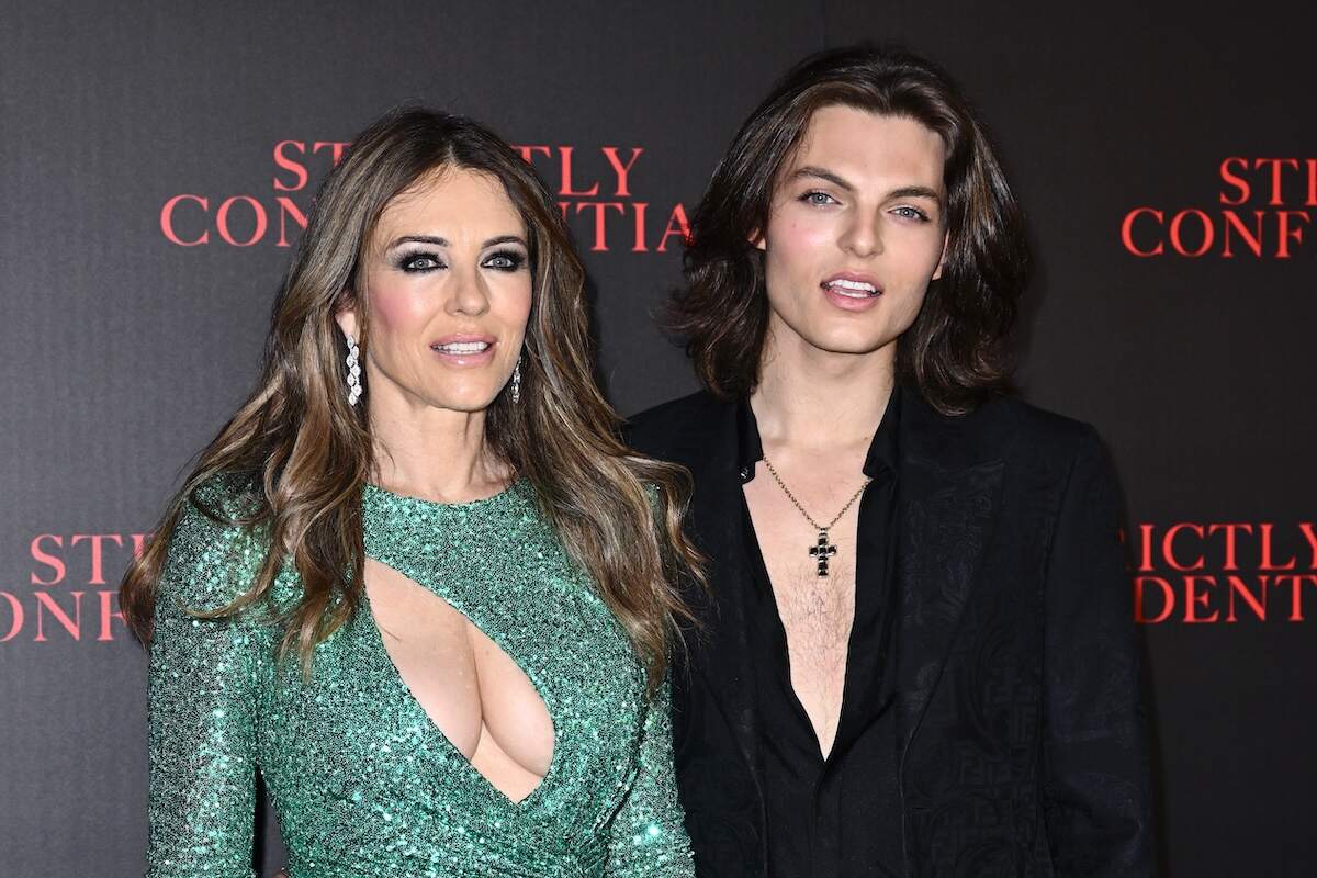Mother Elizabeth Hurley and son Damian Hurley pose together on the red carpet for their joint feature film Strictly Confidential