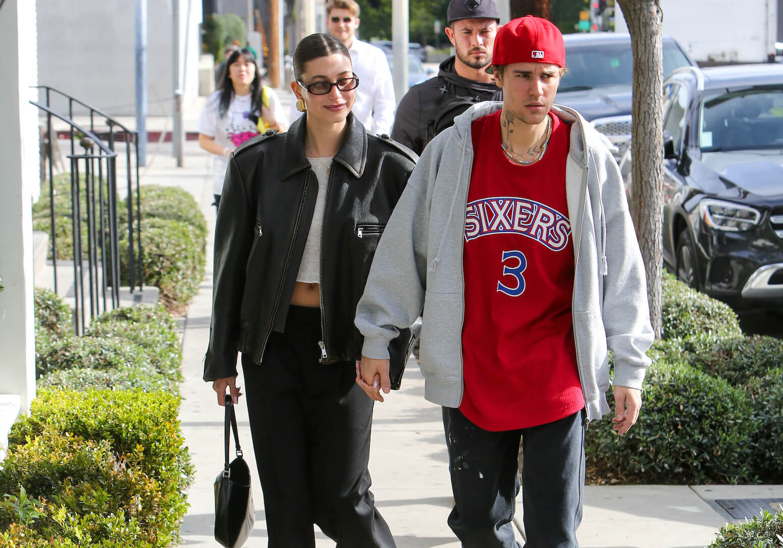 Hailey and Justin Bieber walking together outside in 2023