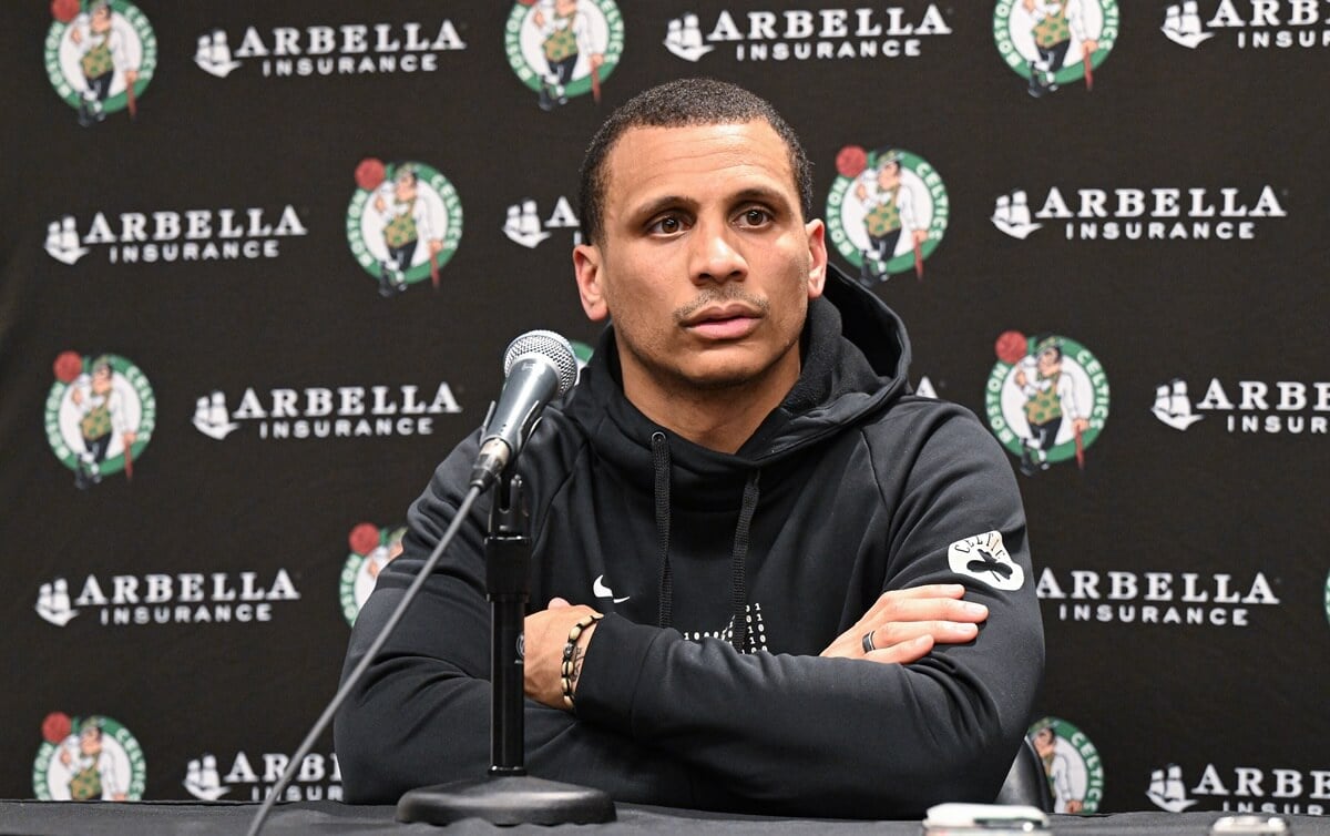 Head coach Joe Mazzulla of the Boston Celtics speaks during a press conference