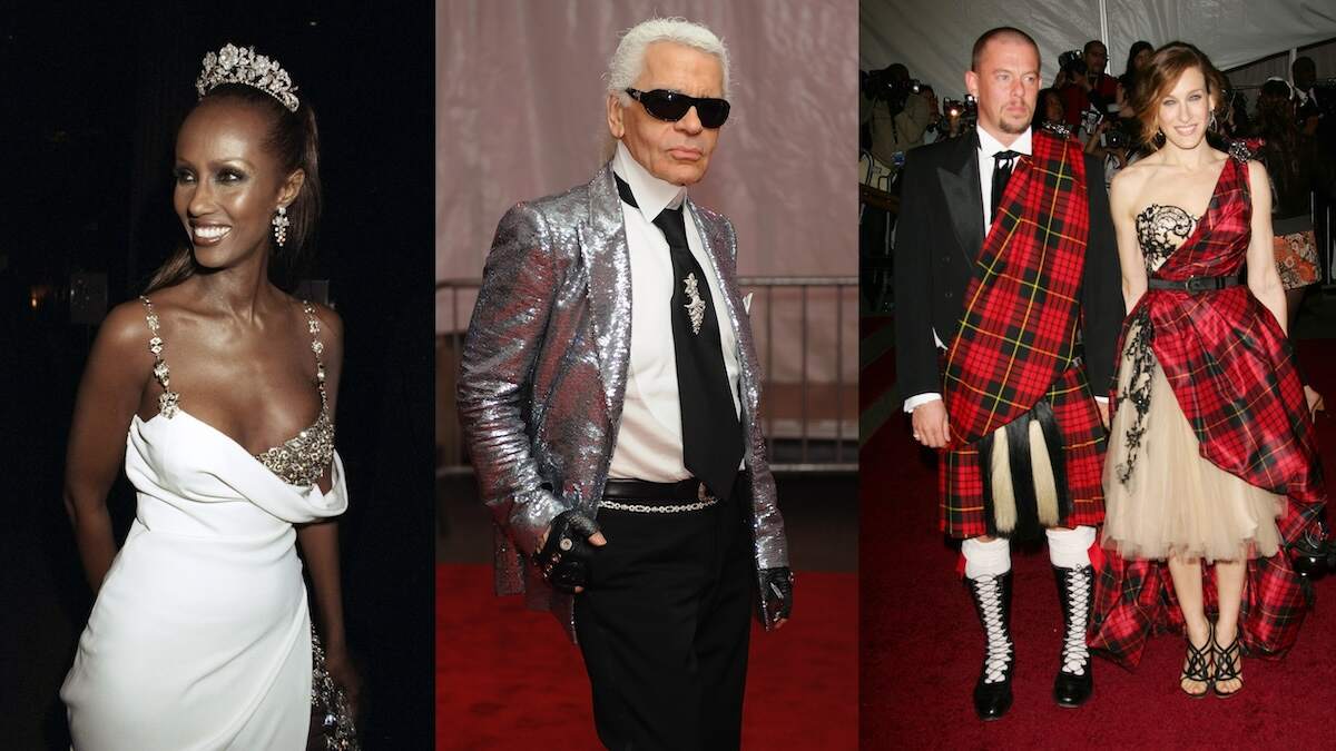 Model Iman, designer Karl Lagerfeld, and Sarah Jessica Parker all pose on the red carpet at the Meta Gala