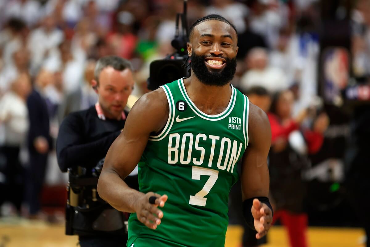 Jaylen Brown of the Boston Celtics reacts after a victory against the Miami Heat