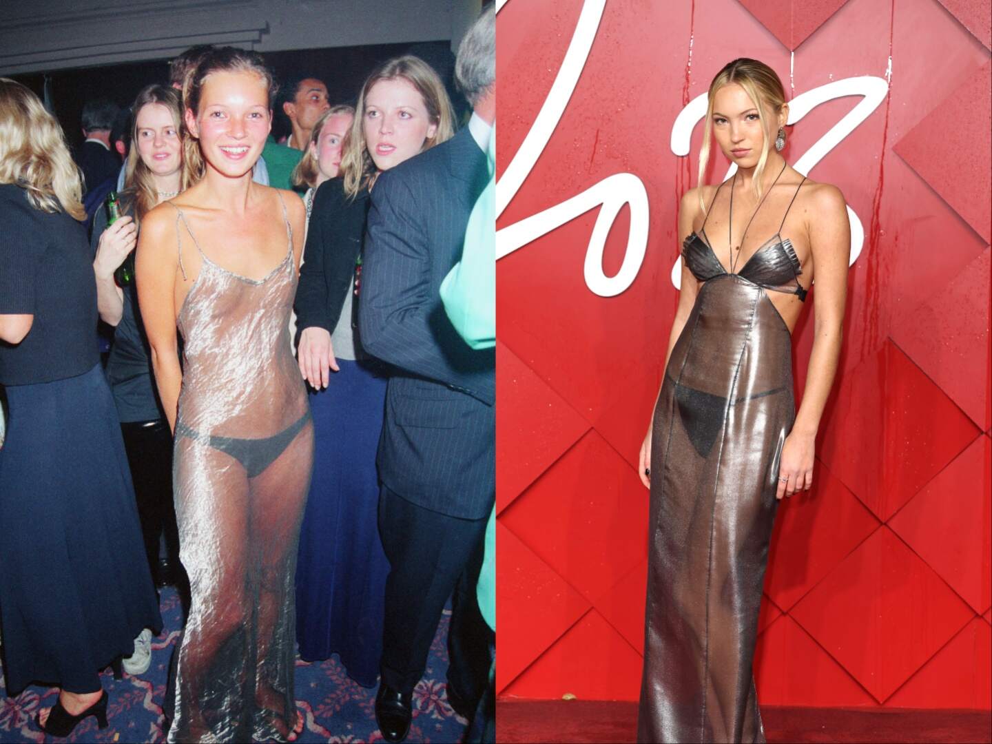A photo of English supermodel Kate Moss wearing a diaphanous silver dress alongside a photo of Kate's daughter Lila Moss wearing the same dress 30 years later