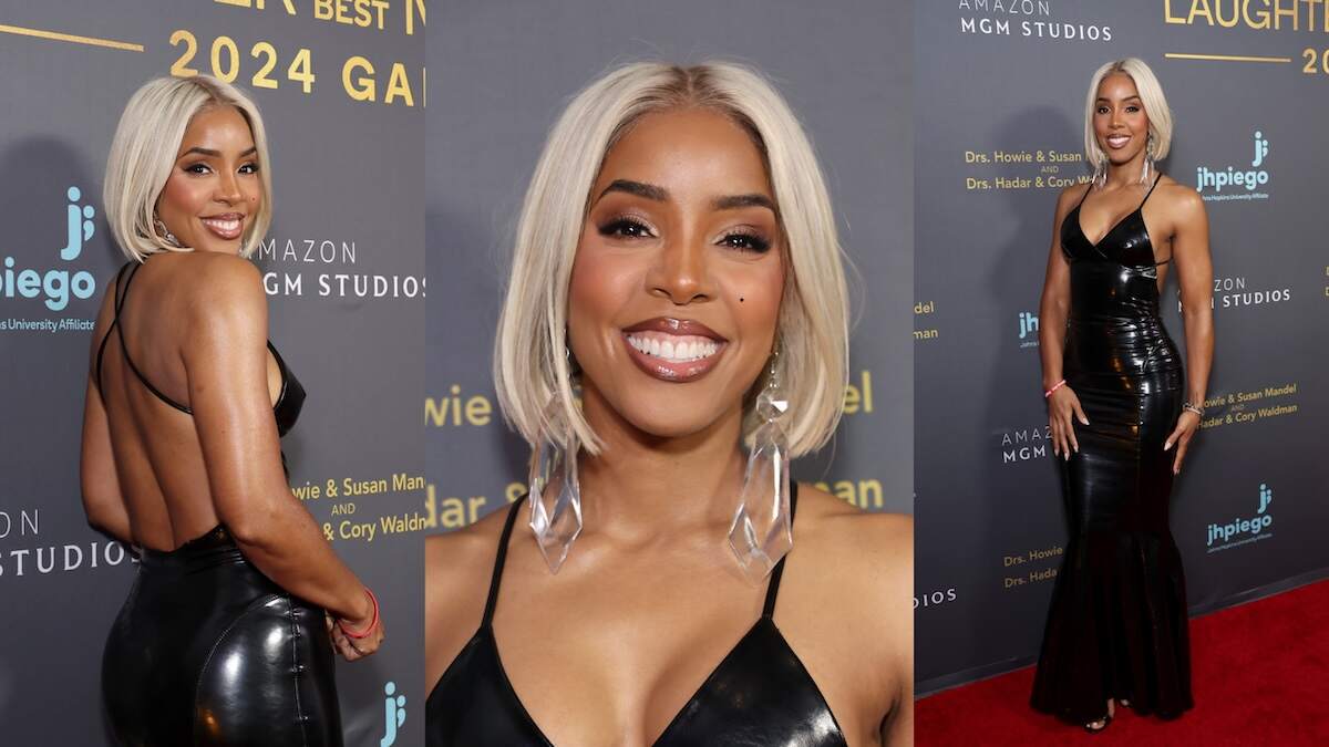Singer Kelly Rowland wears a black latex dress on the red carpet before the Jhpiego Laughter Is The Best Medicine Gala