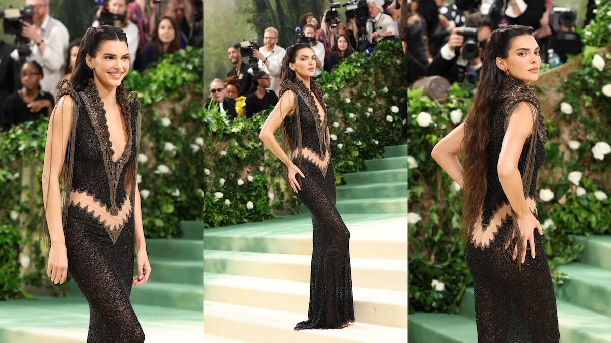 Kendall Jenner wears a dress from Alexander McQueen’s fall 1999 collection for Givenchy as she walks the red carpet at the Met Gala