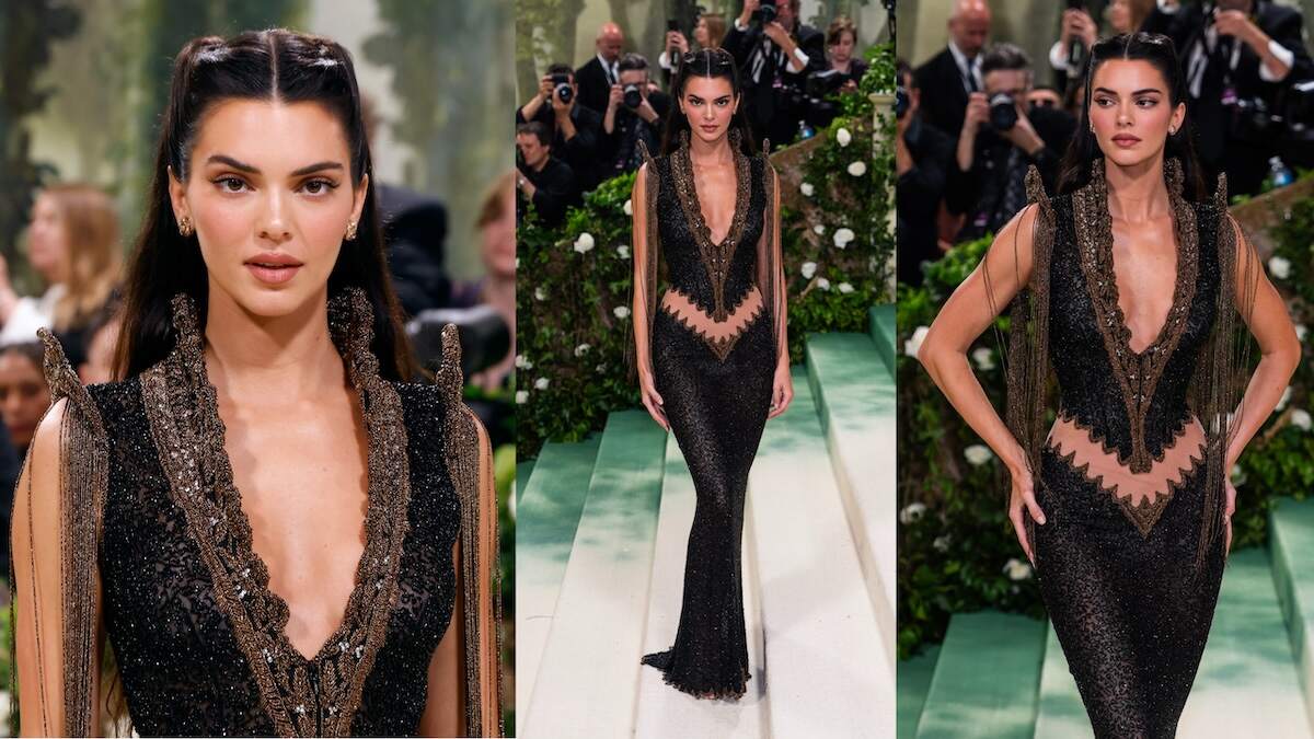 Kendall Jenner wears a dress from Alexander McQueen’s fall 1999 collection for Givenchy as she walks the red carpet at the Met Gala