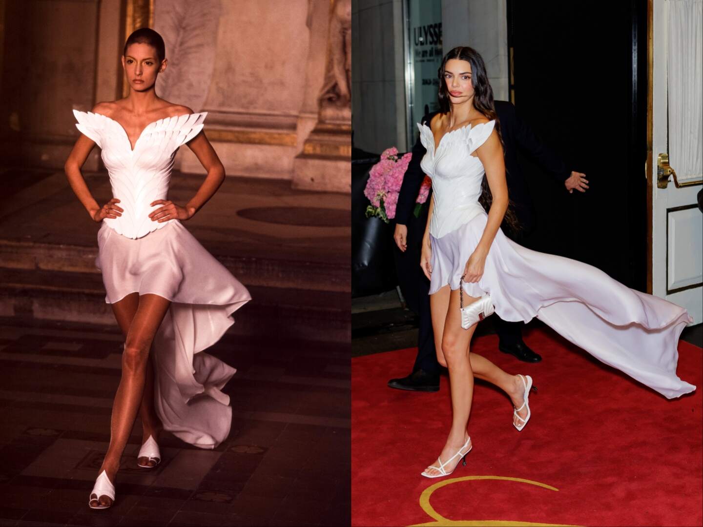 A model wearing a white dress in 1997 alongside a photo of Kendall Jenner wearing the same white dress almost 30 years later