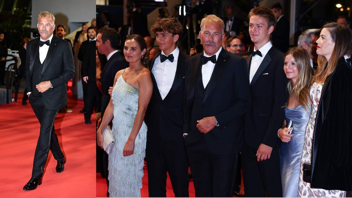 Actor Kevin Costner stands with five of his children on the red carpet at Cannes Film Festival 2024