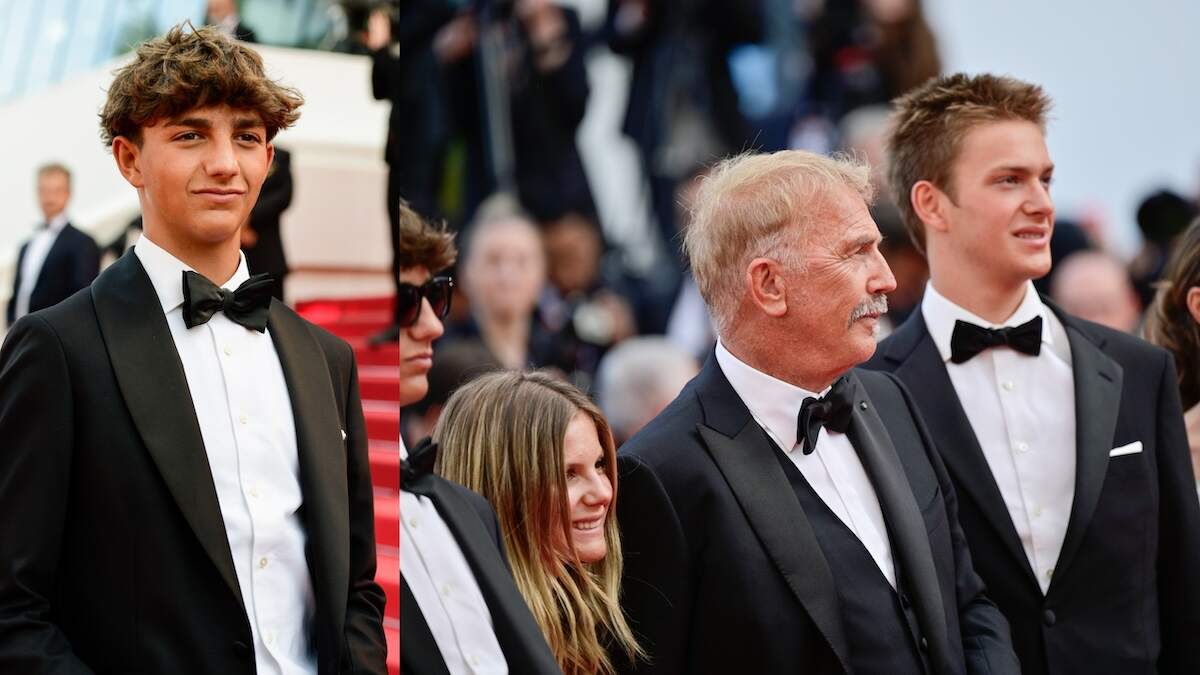 The Costner family, including Hayes, Grace, Kevin, and Cayden Costner, smile on the red carpet for Horizon