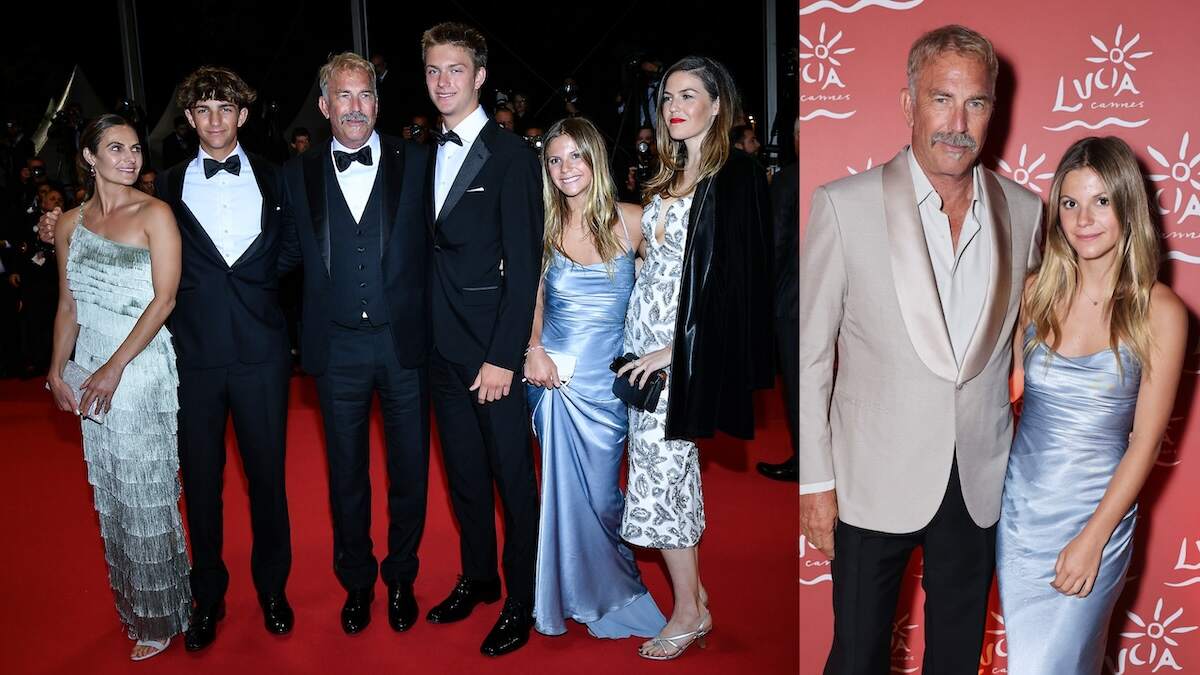 Actor Kevin Costner stands with five of his children on the red carpet at Cannes Film Festival 2024