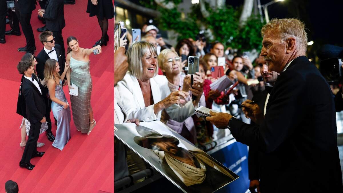 Actor Kevin Costner's kids take a selfie on the red carpet at Cannes Film Festival 2024 while Kevin signs autographs