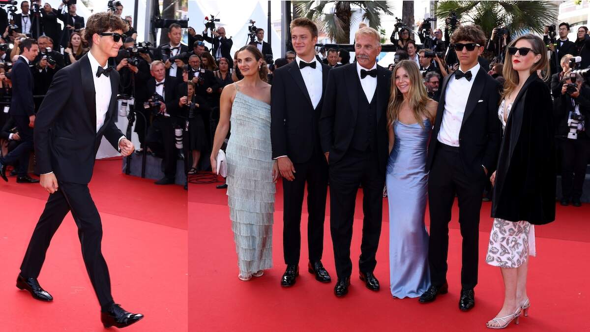 Actor Kevin Costner stands with five of his children on the red carpet at Cannes Film Festival 2024
