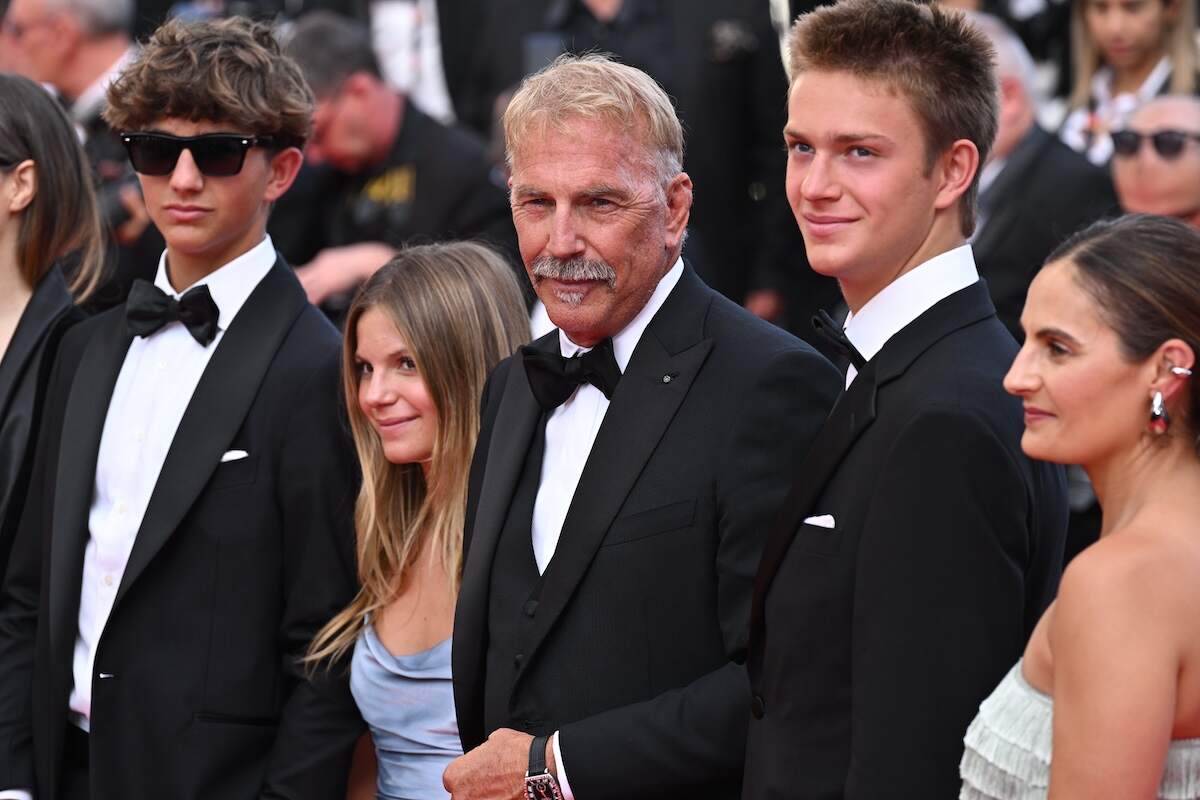 Actor Kevin Costner stands with five of his children on the red carpet at Cannes Film Festival 2024