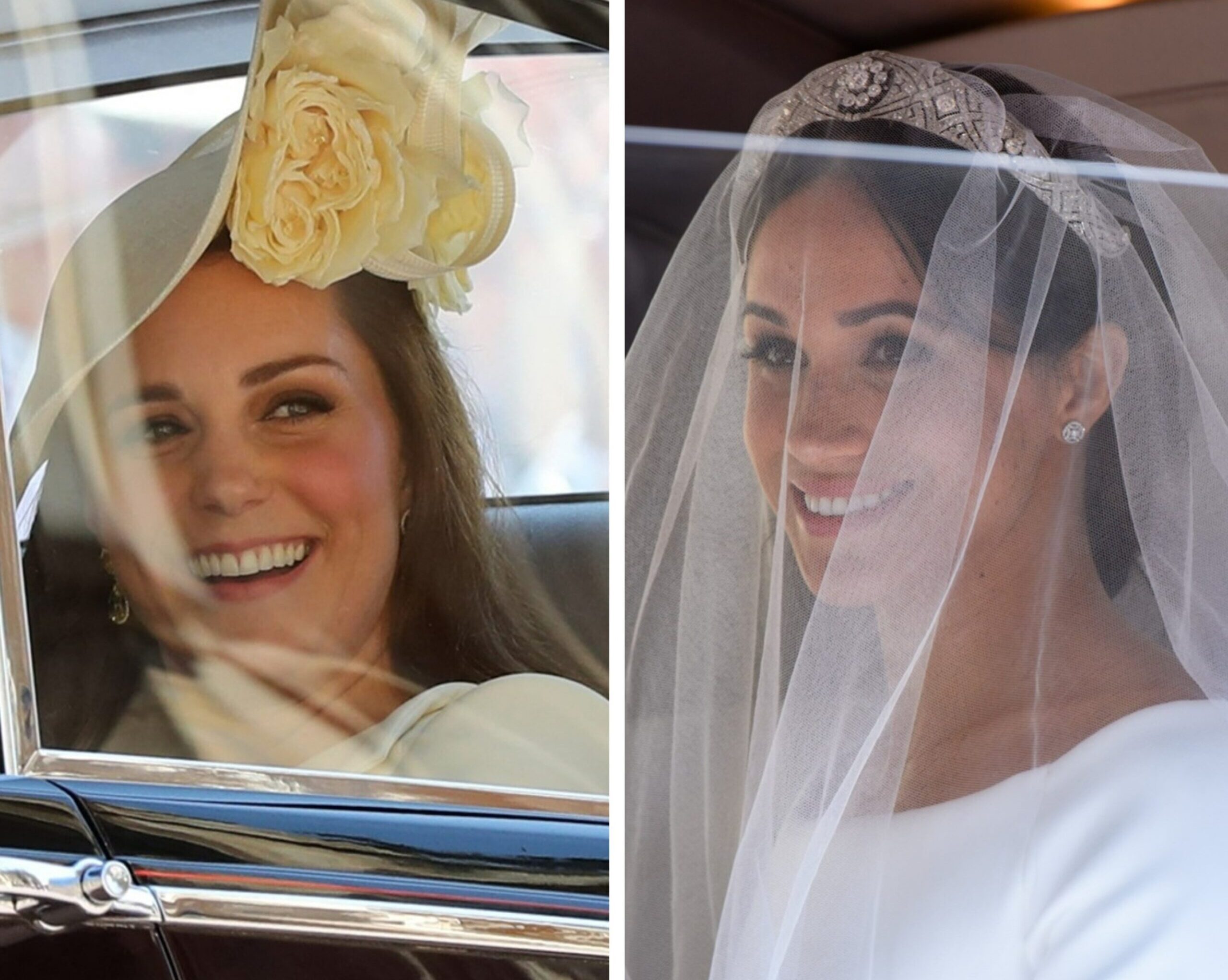 (L) Kate Middleton leaving Prince Harry and Meghan Markle's wedding, (R) Meghan Markle arriving at her wedding to Prince Harry