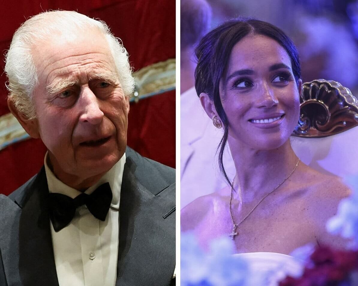 (L) King Charles III meets the cast at a gala performance in London, (R) Meghan Markle attends a Sit Out at the Nigerian Defence Headquarters