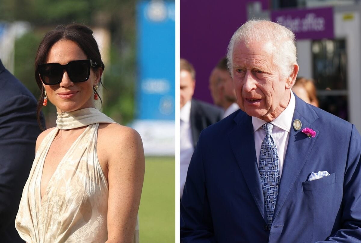 (L) Meghan Markle arrives at a charity polo match in Lagos, Nigeria, (R) King Charles III arrives at the Chelsea Flower Show