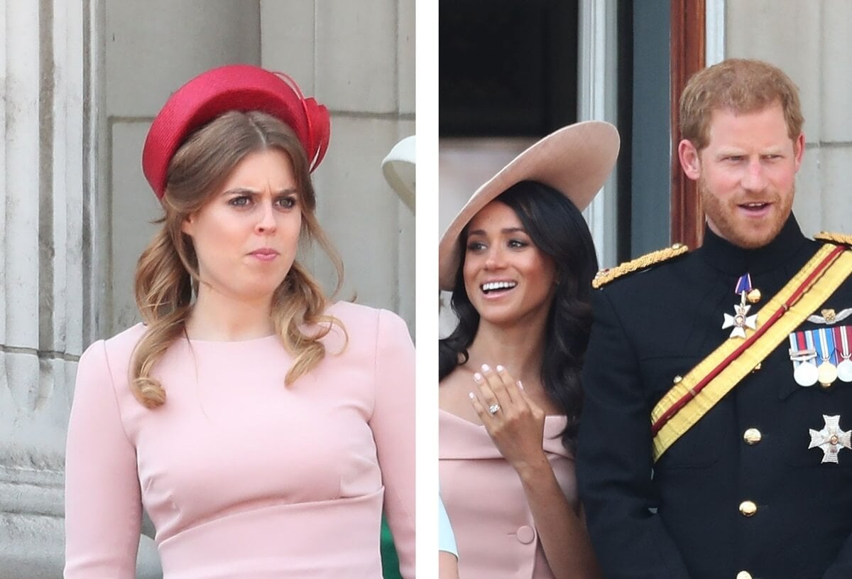 (L) Princess Beatrice on the balcony of Buckingham Palace during Trooping The Colour, (R) Meghan Markle and Prince Harry on the balcony of Buckingham Palace during Trooping The Colour