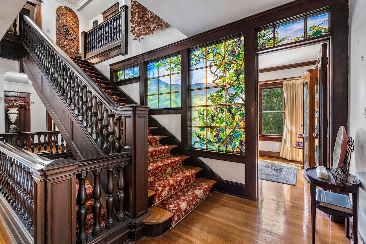 Stairs and stained glass panel in Muhammad Ali's house