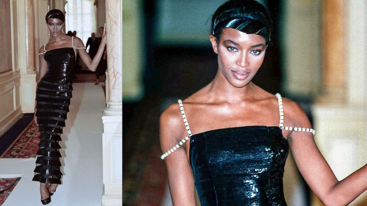 Two photos of Naomi Campbell wearing a black Chanel dress at the 1996 runway show