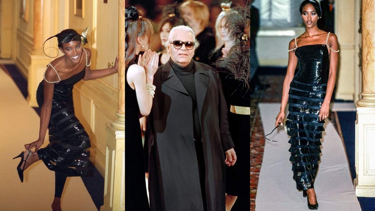 Three photos: one of Naomi Campbell before the 1996 Chanel runway show, the second of Karl Lagerfeld, the third of Campbell during the show