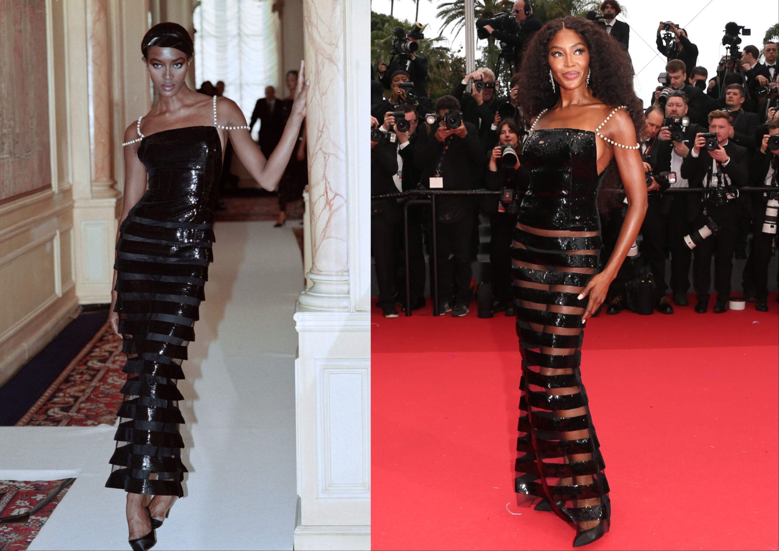 English model Naomi Campbell wears a Chanel dress in 1996; Campbell wears the same dress in 2024