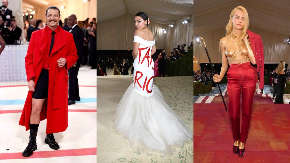 Celebrities Pedro Pascal, Alexandria Ocasio-Cortez, and Cara Delevingne pose on the red carpet at the Met Gala