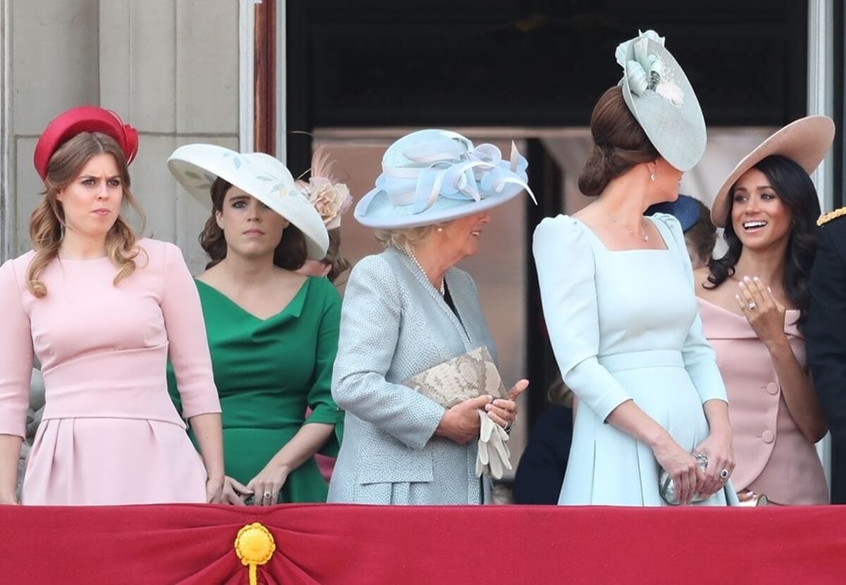 Princess Beatrice, Princess Eugenie, Camilla Parker Bowles, Kate Middleton and Meghan Markle on the balcony of Buckingham Palace during Trooping The Colour