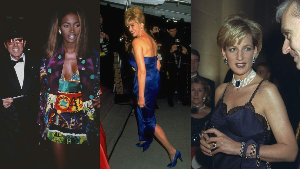 Model Naomi Campbell enters the Meta Gala and Princess Diana talks during the red carpet while wearing a navy dress