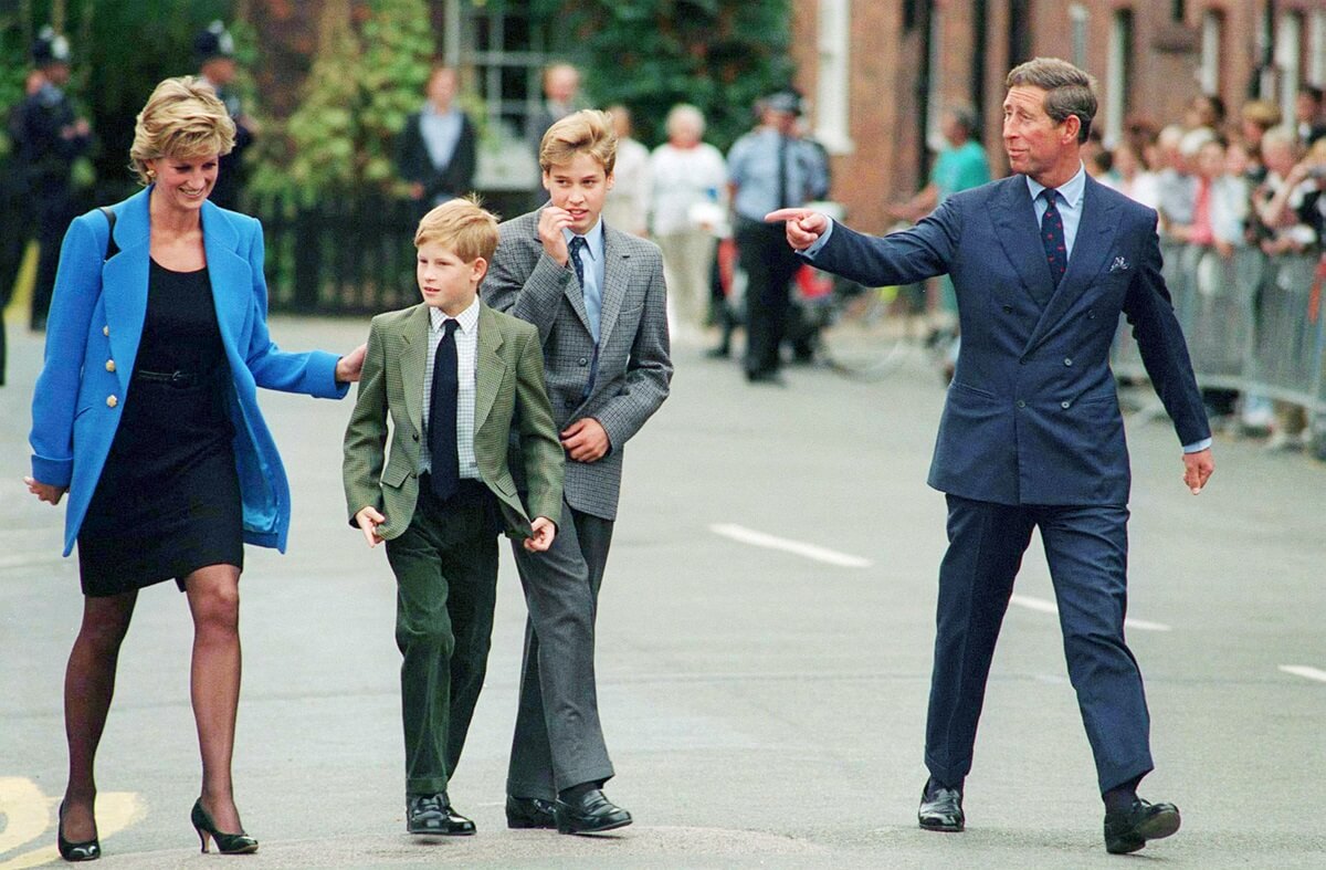 Princess Diana and then-Prince Charles their sons, Prince William and Prince Harry, arrive at Eton College for William's first day of school