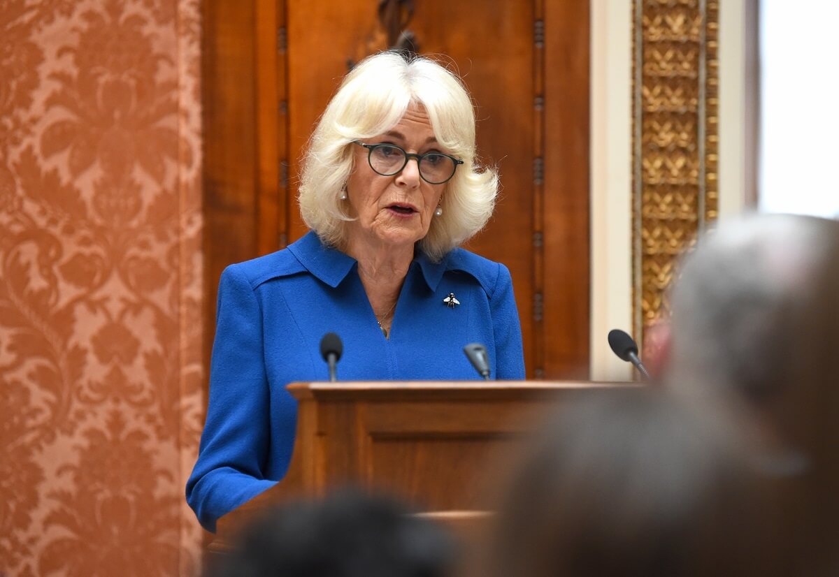 Queen Camilla makes a speech for the relaunch of the Wash Bags Project at Buckingham Palace