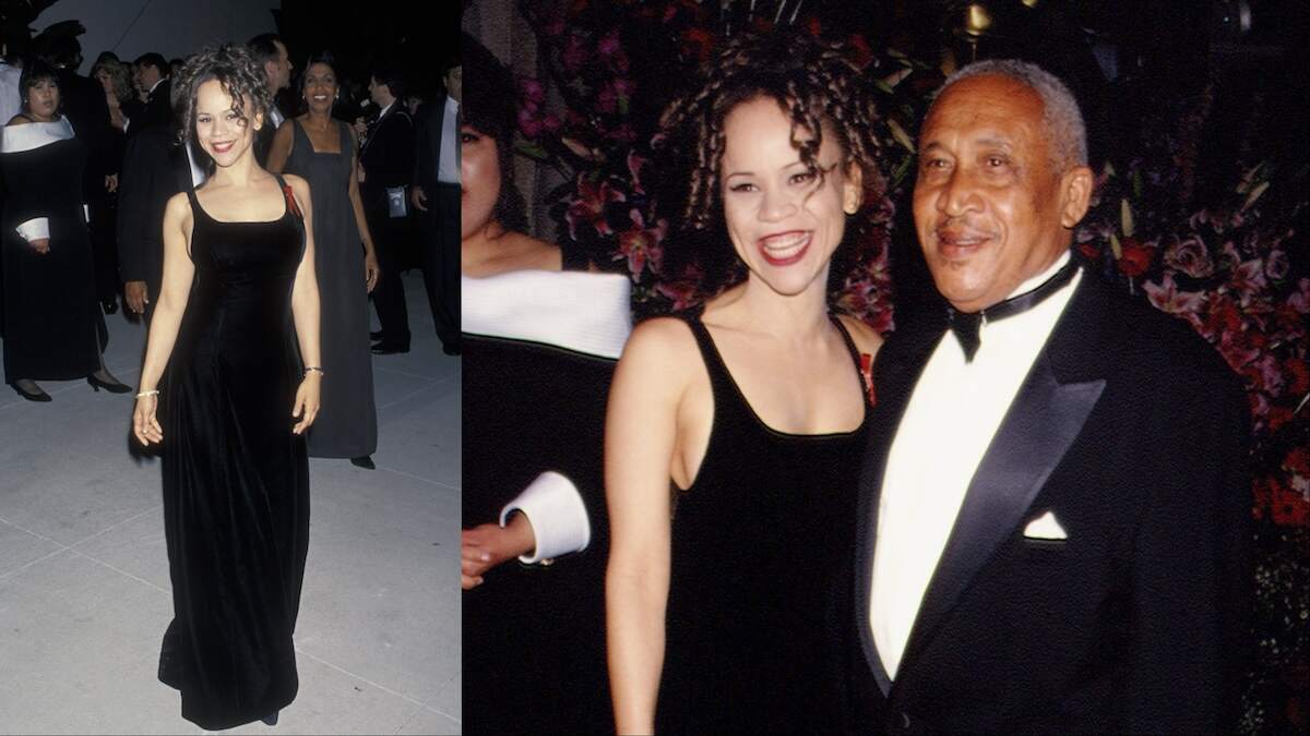Actor Rosie Perez and dad smile together on the red carpet at the 1994 Vanity Fair Oscar Party