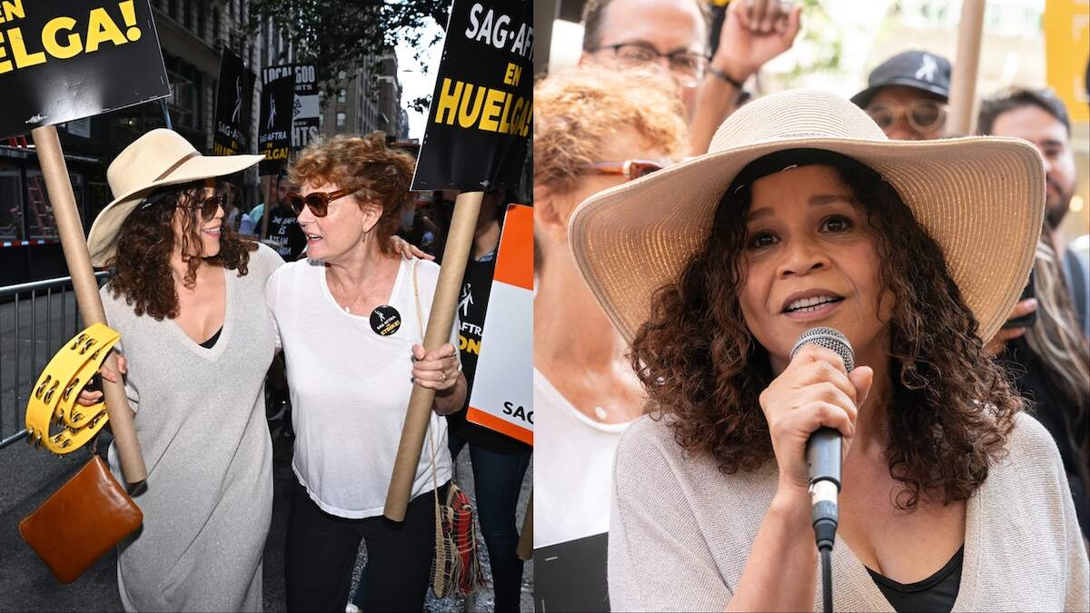 Actors Rosie Perez and Susan Sarandon walk the picket line in support of the SAG-AFTRA and WGA strike