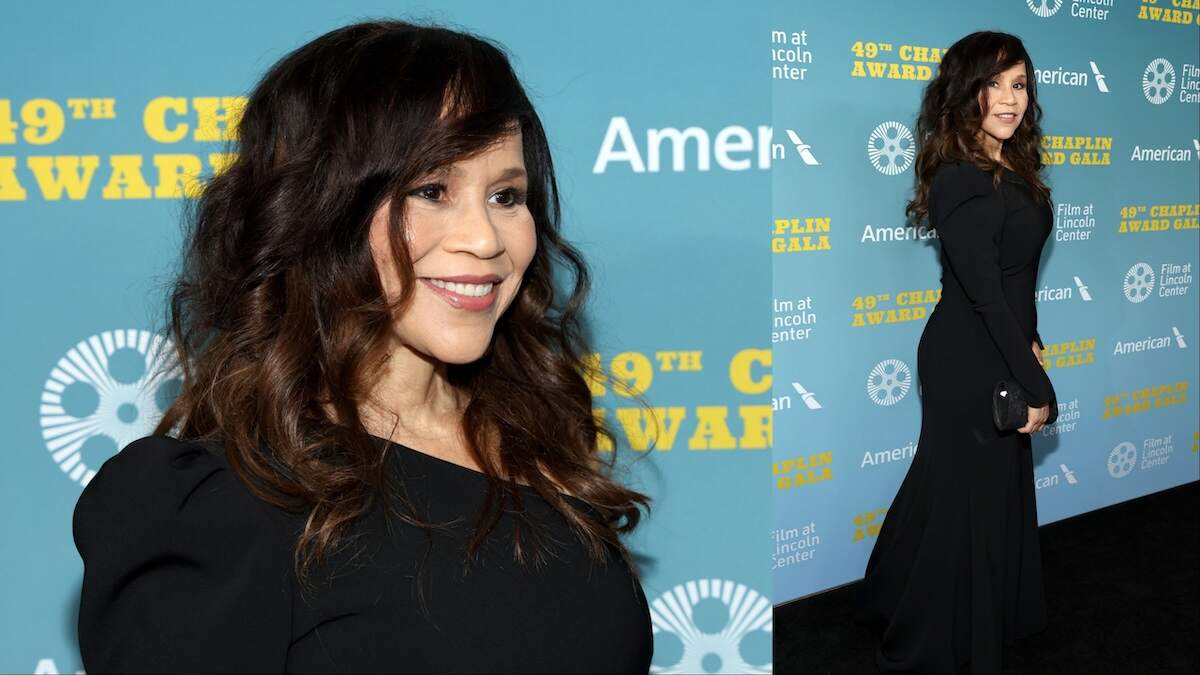 Actor Rosie Perez wears a black gown on the red carpet before the 49th Chaplin Award