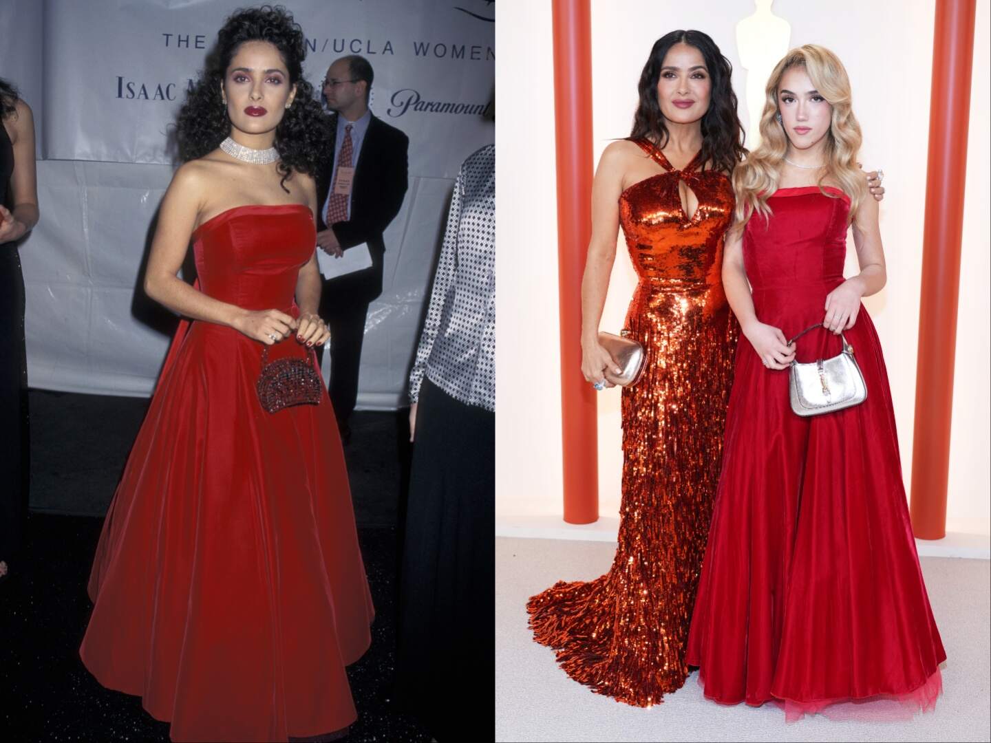 A photo of Salma Hayek wearing a red dress alongside a photo of Salma's daughter wearing the same red dress 25 years later