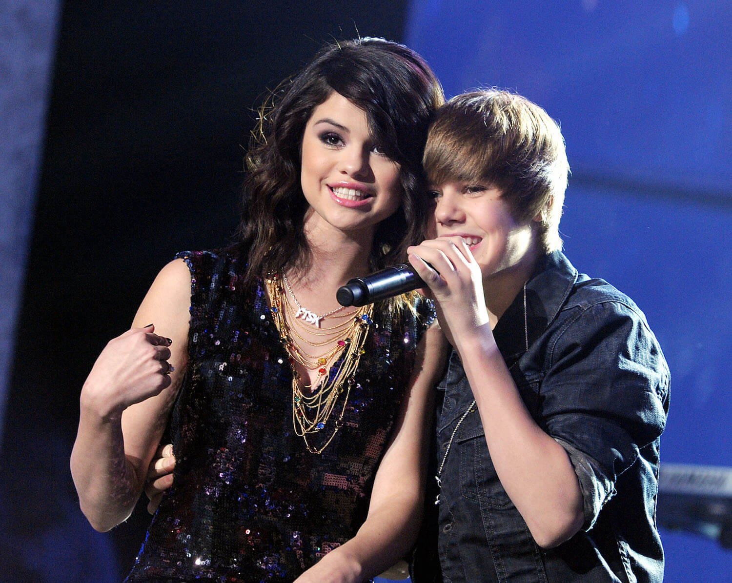 Selena Gomez and Justin Bieber on stage together for Dick Clark's New Year's Rockin' Eve in 2010