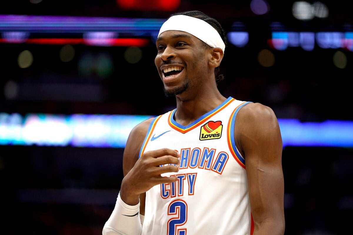 Shai Gilgeous-Alexander of the Oklahoma City Thunder reacts to a call during a game against the New Orleans Pelicans