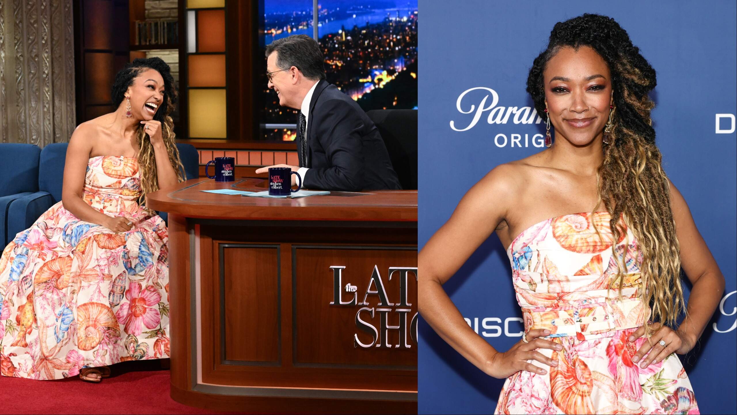 Sonequa Martin-Green laughs while sitting on a chair and filming The Late Show with Stephen Colbert