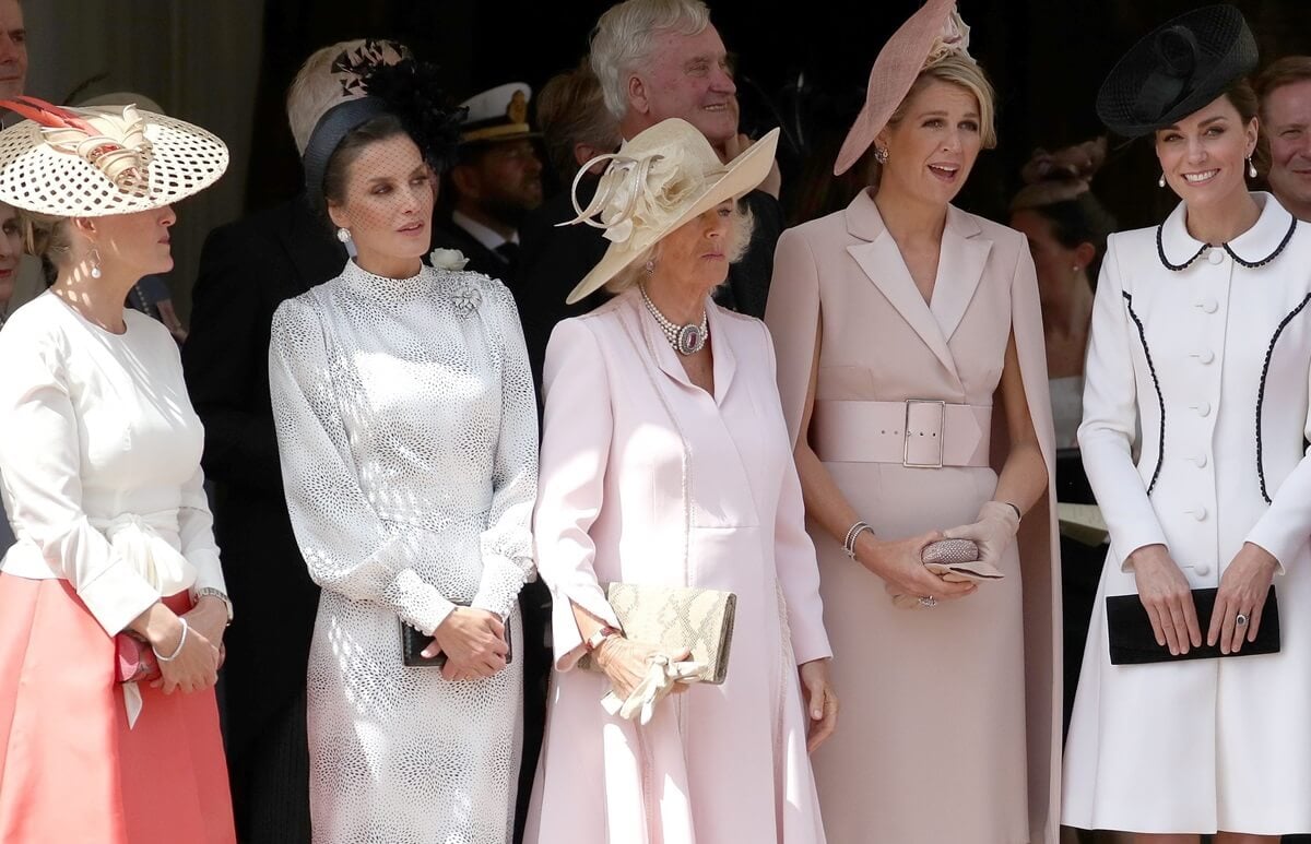 Sophie (formerly Countess of Wessex), Queen Letizia of Spain, Queen Camilla, Queen Maxima of the Netherlands, and Kate Middleton attend the Order of the Garter at St. George's Chapel