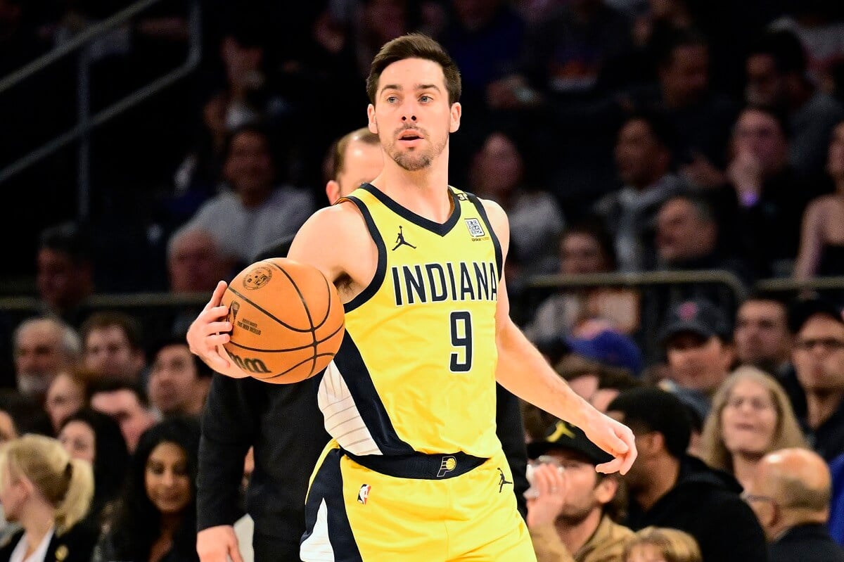T.J. McConnell of the Indiana Pacers handles the ball in a game against the New York Knicks