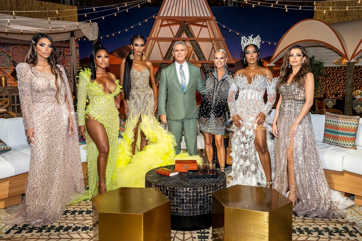 Dr. Sara Al Medani, Lesa Milan, Chanel Ayan, Andy Cohen, Caroline Stanbury, Caroline Brooks, Nina Ali in a promotional photo for 'The Real Housewives of Dubai'