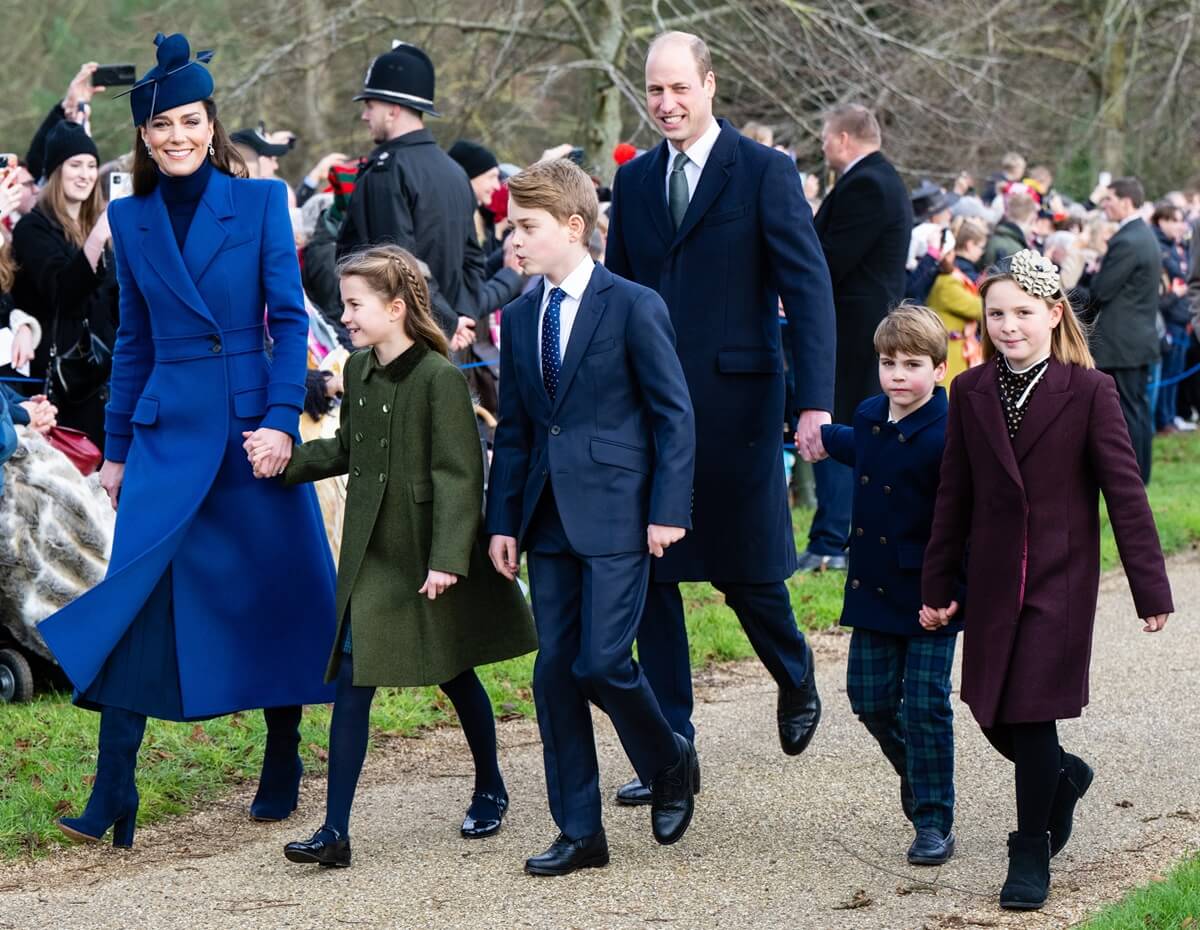 The Wales family and Mia Tindall walking to attend the Christmas morning church service at Sandringham